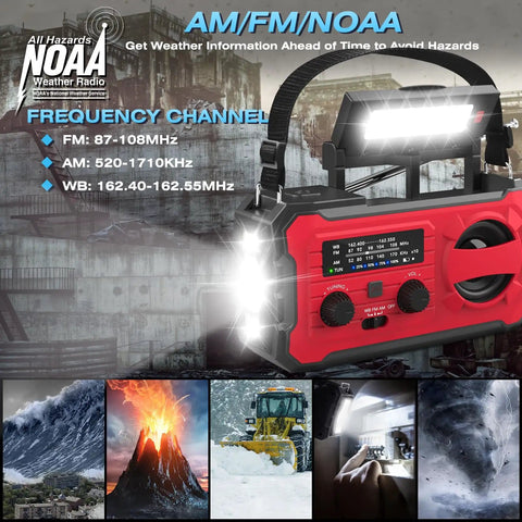Emergency Radio With NOAA Weather Radio And AM FM Bands 10000mAh Power Bank USB Solar And Hand Crank Charging Builtin LED