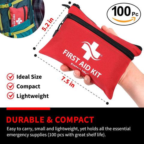 Red compact zippered first aid kit pouch, 100-piece travel emergency kit by Amazon