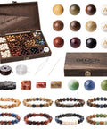 Bracelet Making Kit With 296 Beads, 10mm Natural Wooden Beads With Letters And Stone Beads, kit contents and finished bracelets.