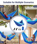 Collage of blue Ultra Lightweight Parachute Nylon Hammock With Tree Straps used in various outdoor and indoor settings