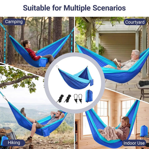 Collage of blue Ultra Lightweight Parachute Nylon Hammock With Tree Straps used in various outdoor and indoor settings