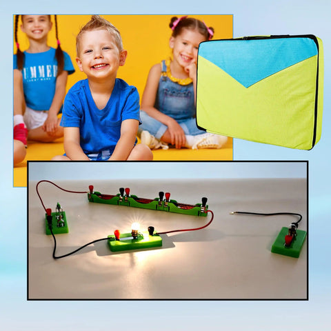 Kids with "Awesome Hands On Electricity And Magnetism Science Kit For Kids And Students Basic Circuit Learning Starter STEM Set Elementary Electronics Labs Fun Educational Toy For Home And Classrooms Portable Bag Included" circuits and bag