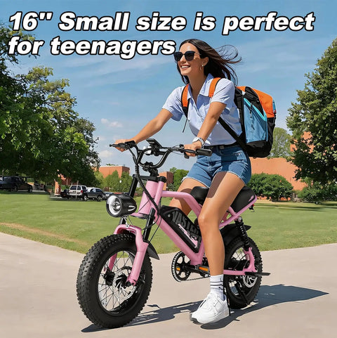 Teen riding 16-Inch Fat Tire Electric Mountain Bike with 800W Peak Motor, Removable Battery, Black Pink, on a sunny day