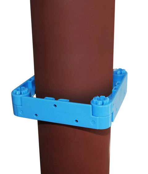 Fast Snap Column Enclosure Framing System Fits 3 To 4 Inch Round Pillars, blue bracket on brown round pillar.