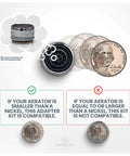 Size comparison showing a faucet aerator adapter with coins to demonstrate compatibility for the 9 Piece Faucet Adapter Kit For Sinks And RVs With Brass Aerator Adapters To Hook Up Garden Hose Water Filter Or Sprayer And Standard Hose Via Diverter With Easy Male And Female Faucet Adapters.