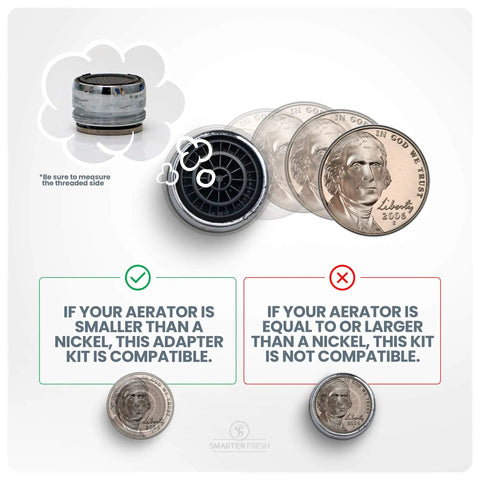 Size comparison showing a faucet aerator adapter with coins to demonstrate compatibility for the 9 Piece Faucet Adapter Kit For Sinks And RVs With Brass Aerator Adapters To Hook Up Garden Hose Water Filter Or Sprayer And Standard Hose Via Diverter With Easy Male And Female Faucet Adapters.