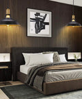 Bedroom setting with Industrial Farmhouse Pendant Light Three Pack With Oil Rubbed Black Finish over a bed, adjustable height evident.