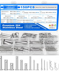 150 Piece 304 Stainless Steel Clevis Pins Cotter Pins R Clips Pro Grade Assortment Kit With 15 Sizes For Trailer Hitch Automotive And Machinery Use Flat Head Fasteners Ready For Repairs