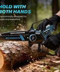 Person using Cordless Mini Chainsaw 8 Inch And 10 Inch For Makita 18V Battery Compatible on log, focusing on both hands holding saw.
