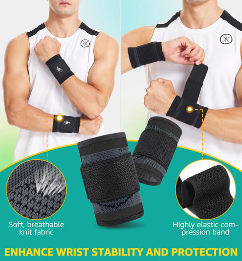 Wrist Brace And Support Wraps For Workouts And Daily Use Comfortable Compression Strap with soft fabric, worn on model's arm.