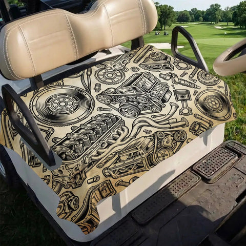Two Seater Golf Cart Seat Covers Microfiber Towel Blanket With Vintage Car Engine Print, 51x31 inches on golf cart.