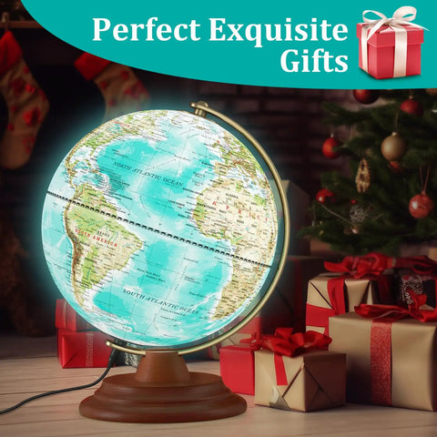 Lit 8 Inch Illuminated World Globe With Wooden Stand Built In LED Night Light Turquoise Blue Globe for learning geography
