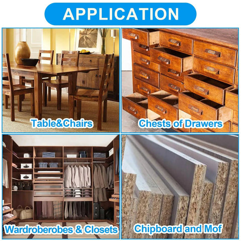 Top Shelf Wooden Dowel Pins Featuring Fluted Hardwood Rods For Furniture Repairs And Craft Builds Supplies Ninety Pieces In Quarter Fifth And Sixteenth Inch Set shown in applications for tables, drawers, wardrobes, and chipboard.