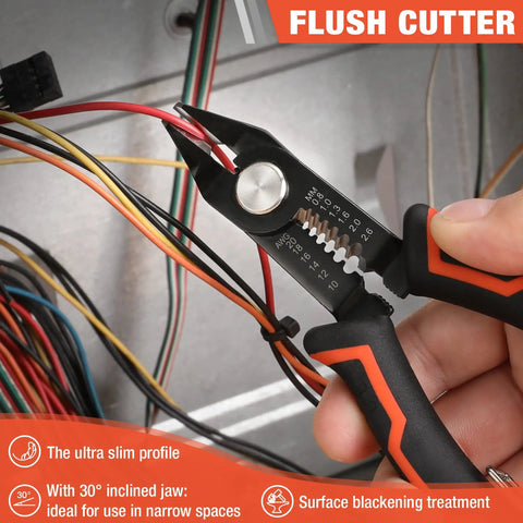 Wire Stripper And Cutters 6 Inch Tool For 10-22 AWG Wire With Flush Cutters Safety Lock Curved Bevel Design in use on wiring