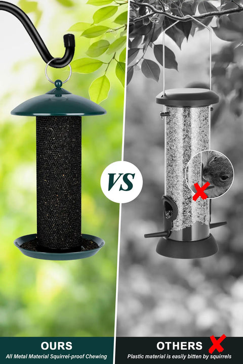 Comparison of Outdoor Finch Bird Feeder With 2.5 Pound Capacity Squirrel Proof Metal Mesh Tube Hanging Feeder and plastic feeder.