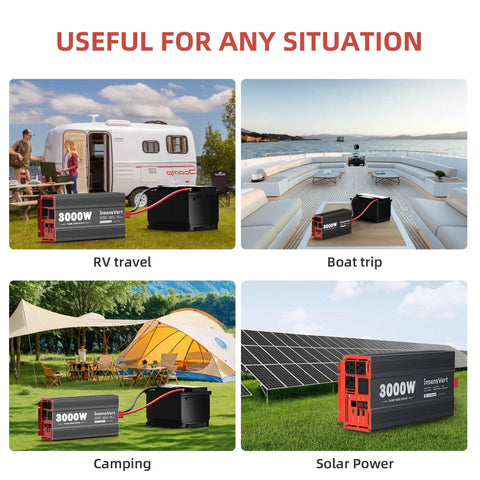 3000 Watt Pure Sine Wave Power Inverter From 12V DC To 120V AC With Two AC Outlets 18W USB Port 30W Type C Port LCD Display in RV, boat, and solar setups.
