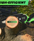 Mini Cordless Chainsaw Six Inch One Hand Portable for tree trimming shown cutting a tree branch, black and green design.