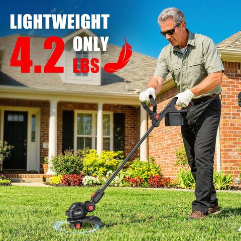 Man using Cordless 12 Inch 3 In 1 String Trimmer Weed Eater Tool Only Red Workhorse With 8500 RPM in garden