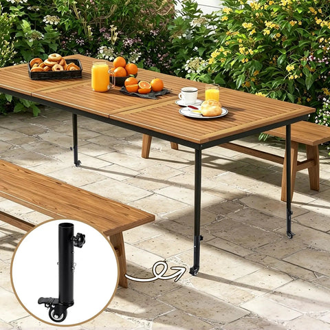 Top Tier Heavy Duty Table Leg Extenders With Casters Four Pack Adjustable Height Risers on outdoor table setup with food.