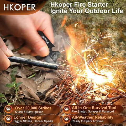 Go-To 6 Inch Ferro Rod Fire Starter Kit igniting campfire with flint, paracord, scraper in outdoor setting