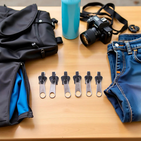 Universal Zipper Repair Kit 6Pcs Black Instant Fix Replacement Zipper Slider Teeth on table with backpack and jeans