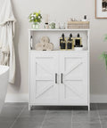 Farmhouse Style Bathroom Storage Cabinet With 2 Doors And Adjustable Shelves, Barn Door Look, Toilet Paper Organizer, Small Cabinet For Kitchen Laundry Or Living Room, White, Measures 11.8 x 23.6 x 31.5 Inches in a bathroom setting.