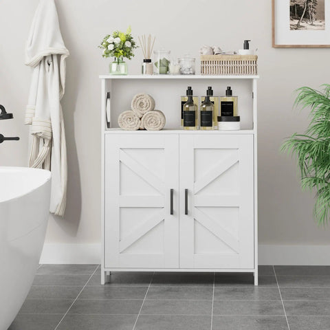 Farmhouse Style Bathroom Storage Cabinet With 2 Doors And Adjustable Shelves, Barn Door Look, Toilet Paper Organizer, Small Cabinet For Kitchen Laundry Or Living Room, White, Measures 11.8 x 23.6 x 31.5 Inches in a bathroom setting.
