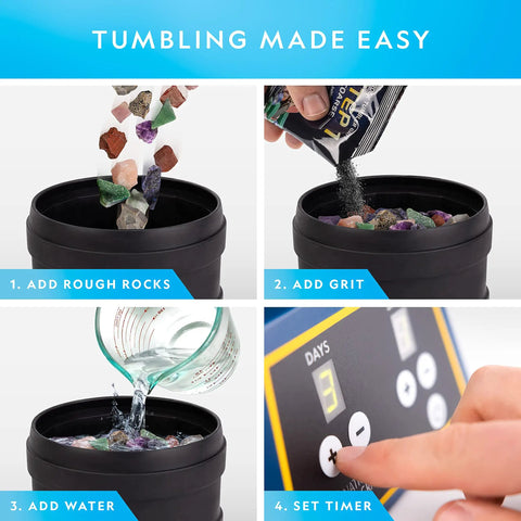 Rock Tumbler Kit With Extra Large 3 Lb Barrel, 3 Speed Motor, 9 Day Timer, Includes Rocks And Polishing Grit setup guide.