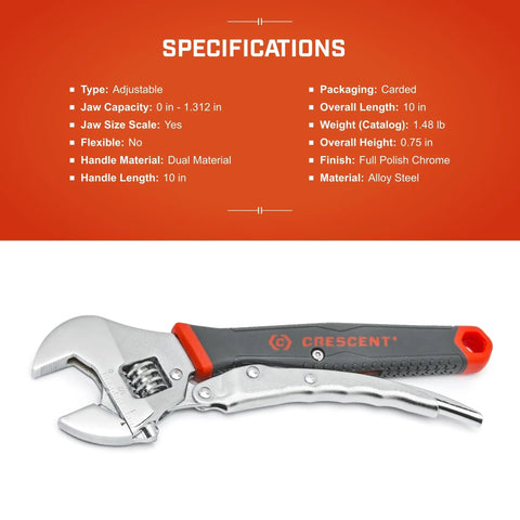 Locking Adjustable Dual Material Wrench, 10 Inch, Pliers Strength Jaw, Anti Slip Grip, Built To Last Gear For Quick Fixes, ACL10VS