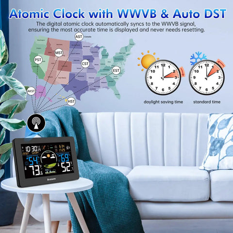All In One Weather Station With Wireless Indoor Outdoor Sensor 7.5 Inch HD VA Display Digital Thermometer Accurate Temperature And Humidity Readings Weather Forecast Atomic Clock Remote Sensor Easy Home Weather Monitoring displayed on a table.