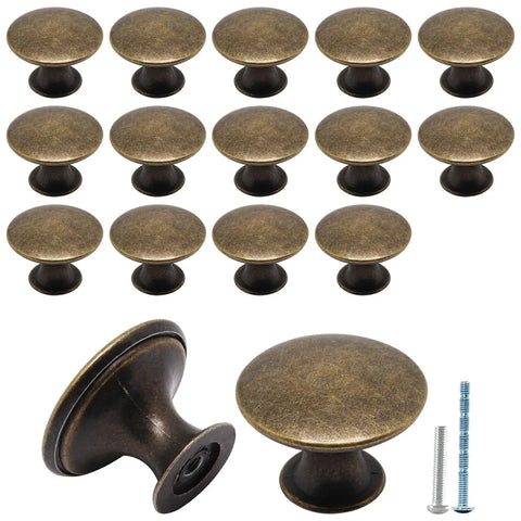 Antique Brass Round Cabinet Knobs 16 Pack For Kitchen Cabinets And Dressers With Single Hole Cupboard Door Knobs And Mounting Screws Included 1.14 Inch Diameter And 0.83 Inch Height For Modern Classic Cabinet Makeover, showing all knobs and screws.