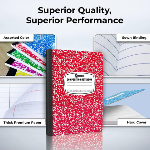 100 Pack Wide Ruled Composition Notebooks With Hard Covers, 200 Pages Each, assorted marble colors, durable sewn binding