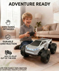 Child playing with Cyber RC Toy Car For Kids One Eighteenth Scale Monster Truck With Two Point Four GHz Remote, All Terrain Off Road Vehicle indoors