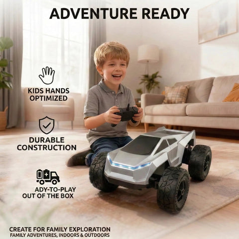 Child playing with Cyber RC Toy Car For Kids One Eighteenth Scale Monster Truck With Two Point Four GHz Remote, All Terrain Off Road Vehicle indoors