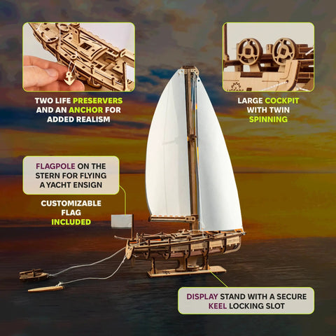 Ocean Beauty Yacht 3D Wooden Puzzle For Adults A Totally Relaxing DIY Mechanical Model Kit With Paper Sails A Brain Teaser Building Set For Home Office Decor And Shelf Display, wooden sailboat on stand