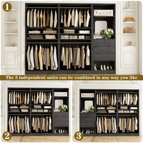 Spacious 97 Inch Closet System With Integrated Mirror And Four Deep Drawers Heavy Duty Wood Wardrobe Rack view showing multiple configurations.
