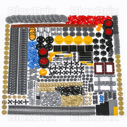 844 Piece Technic Parts Kit With Pins Gears Axles And Differential Engine For MOC Building And Custom Bricks laid out on white surface