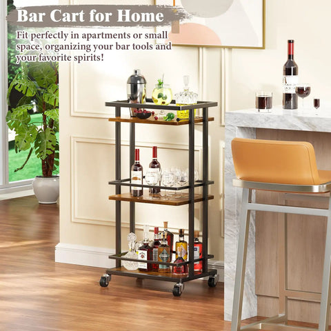 Slick Industrial 3 Tier Bar Cart With Smooth Rolling Wheels Antiqued Wood And Steel Liquor Cabinet For Home Bar Setup, 32H x 16W x 13D.