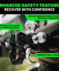 All In One Tri Ball Trailer Hitch Mount With Locking Pin And D Ring Shackle For Two Inch Receiver Recovery Hook Fits One Seven Eighths Inch Two Inch And Two Five Sixteenths Inch Balls Heavy Duty Tow Hitch For Trucks And SUVs Black shown with integrated D-ring and steel S-hook.
