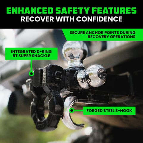 All In One Tri Ball Trailer Hitch Mount With Locking Pin And D Ring Shackle For Two Inch Receiver Recovery Hook Fits One Seven Eighths Inch Two Inch And Two Five Sixteenths Inch Balls Heavy Duty Tow Hitch For Trucks And SUVs Black shown with integrated D-ring and steel S-hook.