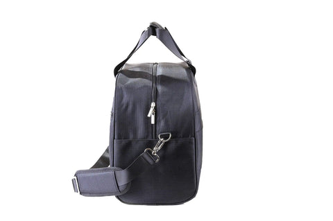 Side view of underseat personal item carry on bag for airlines durable nylon 1680 denier ballistic duffel bag with shoulder strap