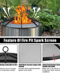 36 Inch Round Fire Pit Screen With Handle And Poker, Collapsible Heavy Duty Mesh Cover in use with fire, showing handle and mesh details.