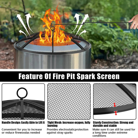 36 Inch Round Fire Pit Screen With Handle And Poker, Collapsible Heavy Duty Mesh Cover in use with fire, showing handle and mesh details.