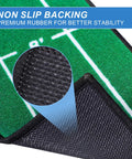 Close-up of Indoor Outdoor Golf Putting Mat Pro Practice Green With Distance Markers Anti Slip Backing Portable Training Aid.