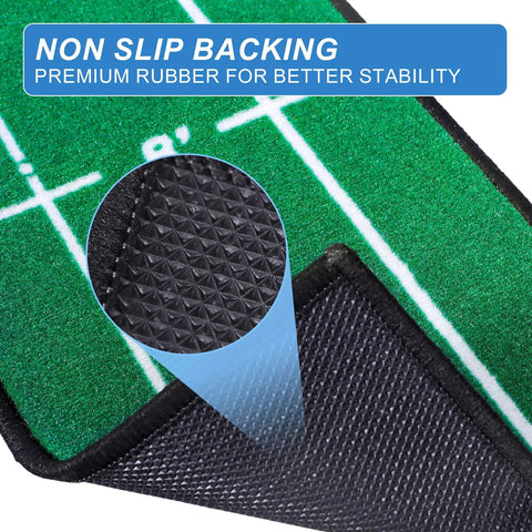Close-up of Indoor Outdoor Golf Putting Mat Pro Practice Green With Distance Markers Anti Slip Backing Portable Training Aid.