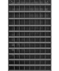Built Tough Cold Rolled Steel Parts Bin Cabinet Featuring Slick Tilting Shelves And 104 Quick Grab Slots For Garage Organization Shop Essentials Gray Powder Coated Finish Ships Assembled front view with multiple slots.