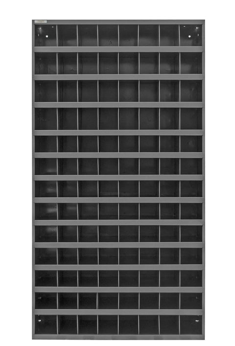 Built Tough Cold Rolled Steel Parts Bin Cabinet Featuring Slick Tilting Shelves And 104 Quick Grab Slots For Garage Organization Shop Essentials Gray Powder Coated Finish Ships Assembled front view with multiple slots.