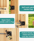 Self-Close Wooden Gate Hardware Kit With Heavy-Duty Bracket And Spring Hinge, Adjustable Tension For Quiet, No Slam Gates, DIY Gate System For Wood Fences And Arbors. Self-lock gate latch on wooden fence with padlock-ready security.