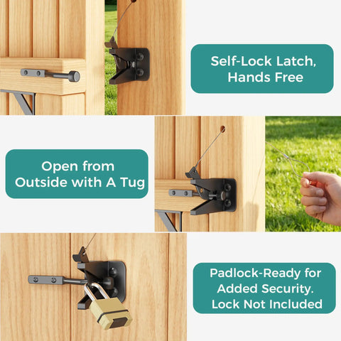 Self-Close Wooden Gate Hardware Kit With Heavy-Duty Bracket And Spring Hinge, Adjustable Tension For Quiet, No Slam Gates, DIY Gate System For Wood Fences And Arbors. Self-lock gate latch on wooden fence with padlock-ready security.