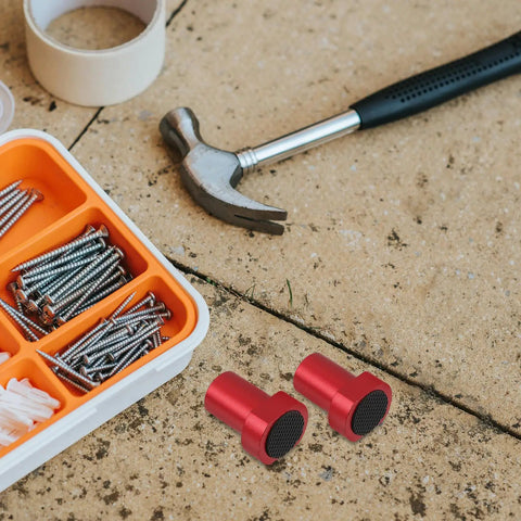 Red aluminum non-slip limit cards next to a hammer and screws. 8 Pack Aluminum Alloy Non Slip Limit Cards For Workbench And Woodworking Table.